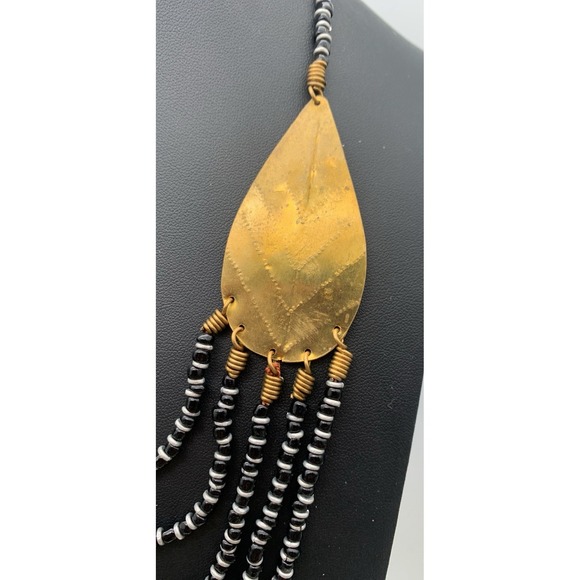 Vintage Boho Ethnic Tribal Beaded Necklace With Brass Gold Tone Leaves - Picture 2 of 4